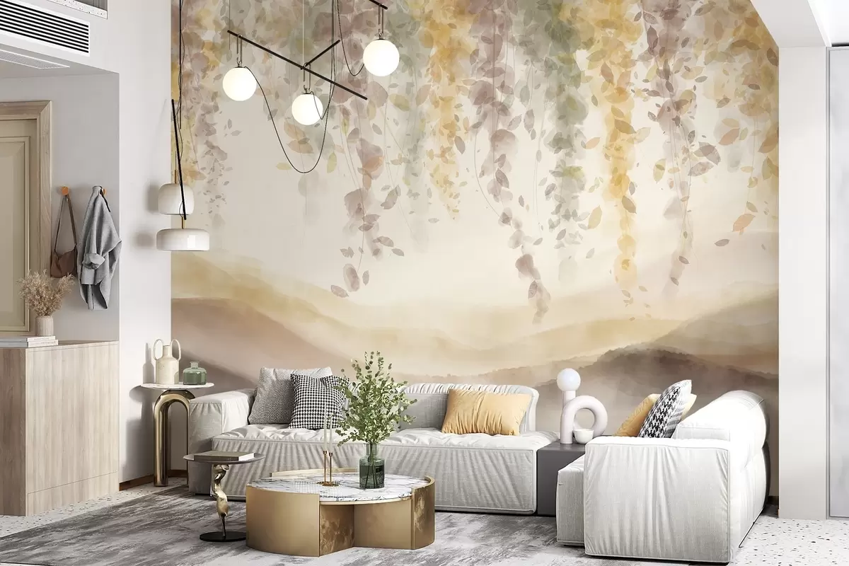 Fototapeedid Wisteria lehed ripuvad üle siniste mägede, pehmed pastellkollased ja pruunid värvid, akvarellstiilis maastik w08909v1