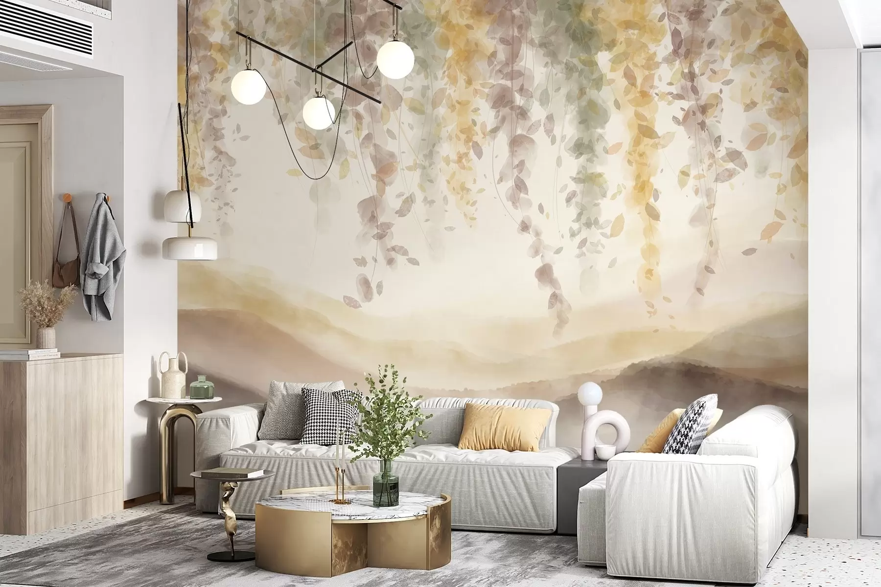 Fototapeedid Wisteria lehed ripuvad üle siniste mägede, pehmed pastellkollased ja pruunid värvid, akvarellstiilis maastik w08909v1