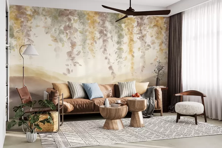 Fototapeedid Wisteria lehed ripuvad üle siniste mägede, pehmed pastellkollased ja pruunid värvid, akvarellstiilis maastik w08909v1