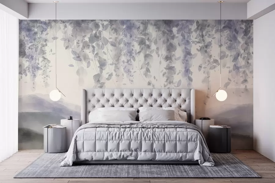 Fototapeedid Wisteria lehed ripuvad üle siniste mägede, pehmed pastelsinised ja hallid värvid, akvarellstiilis maastik w08909