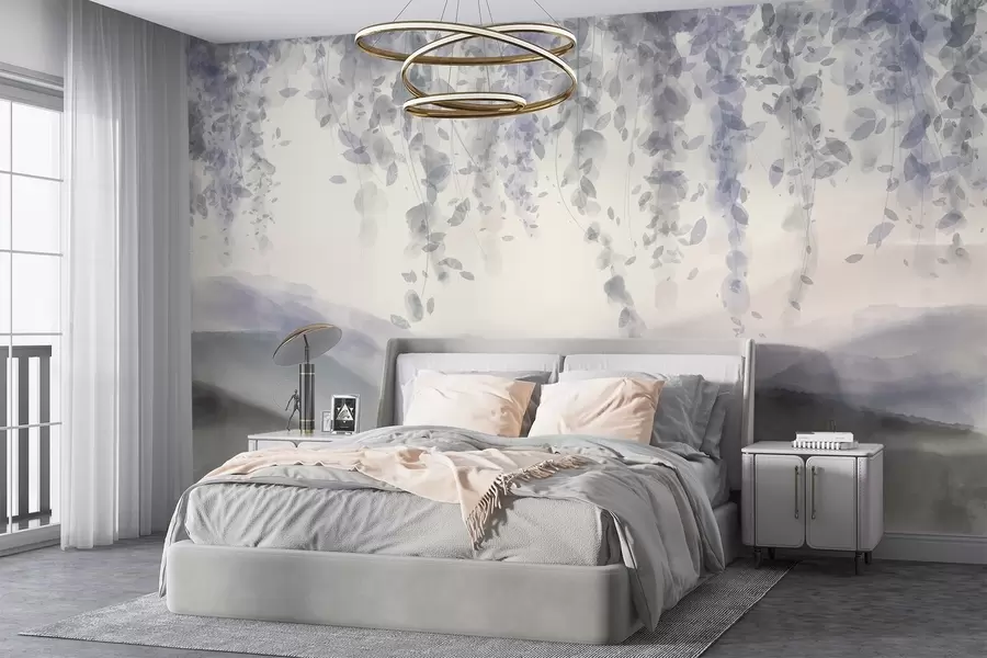 Fototapeedid Wisteria lehed ripuvad üle siniste mägede, pehmed pastelsinised ja hallid värvid, akvarellstiilis maastik w08909