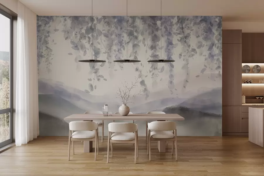 Fototapeedid Wisteria lehed ripuvad üle siniste mägede, pehmed pastelsinised ja hallid värvid, akvarellstiilis maastik w08909