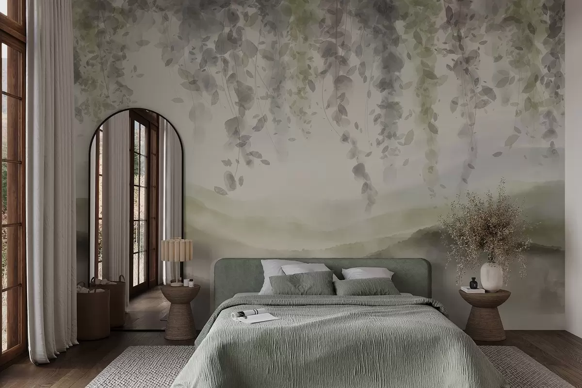 Fototapeedid Wisteria lehed ripuvad üle siniste mägede, pehmed pastellrohelised ja beežid värvid, akvarellstiilis maastik w08909v2