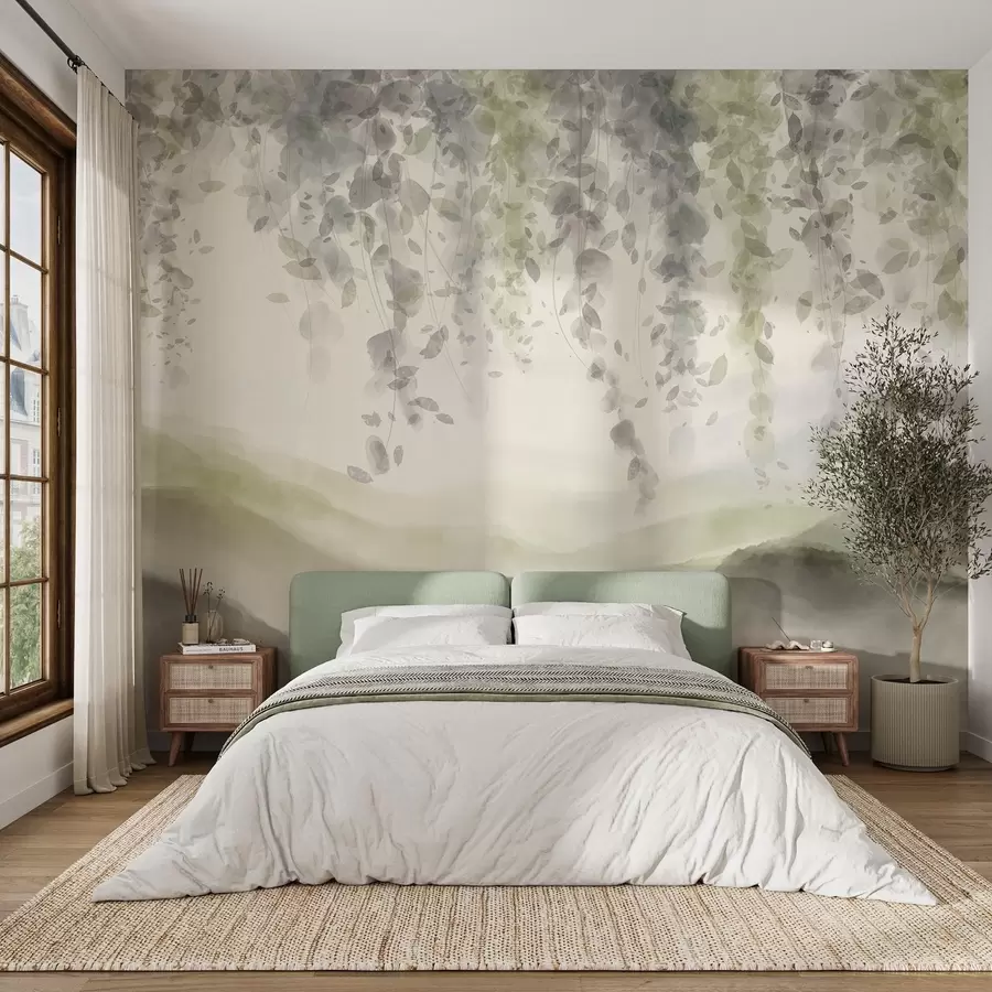 Fototapeedid Wisteria lehed ripuvad üle siniste mägede, pehmed pastellrohelised ja beežid värvid, akvarellstiilis maastik w08909v2