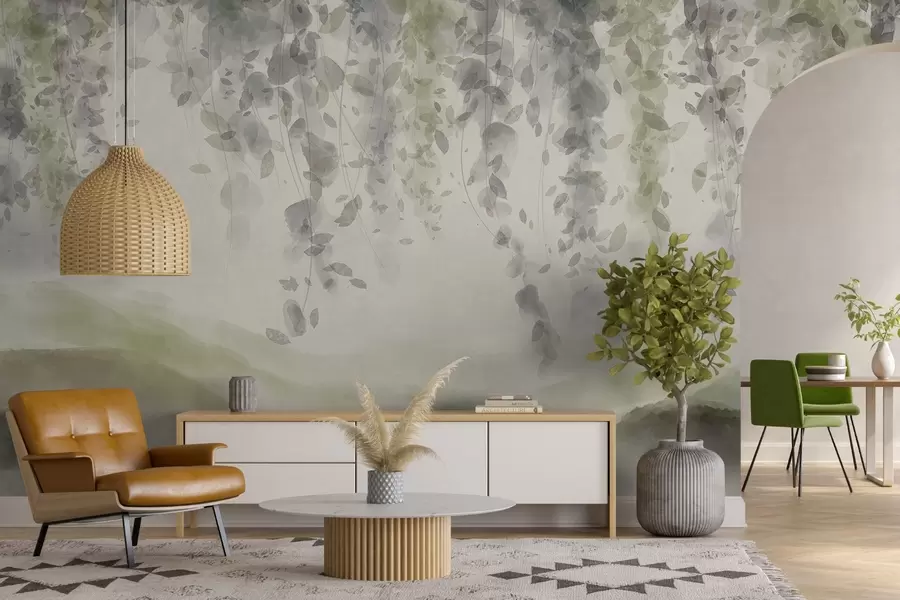 Fototapeedid Wisteria lehed ripuvad üle siniste mägede, pehmed pastellrohelised ja beežid värvid, akvarellstiilis maastik w08909v2