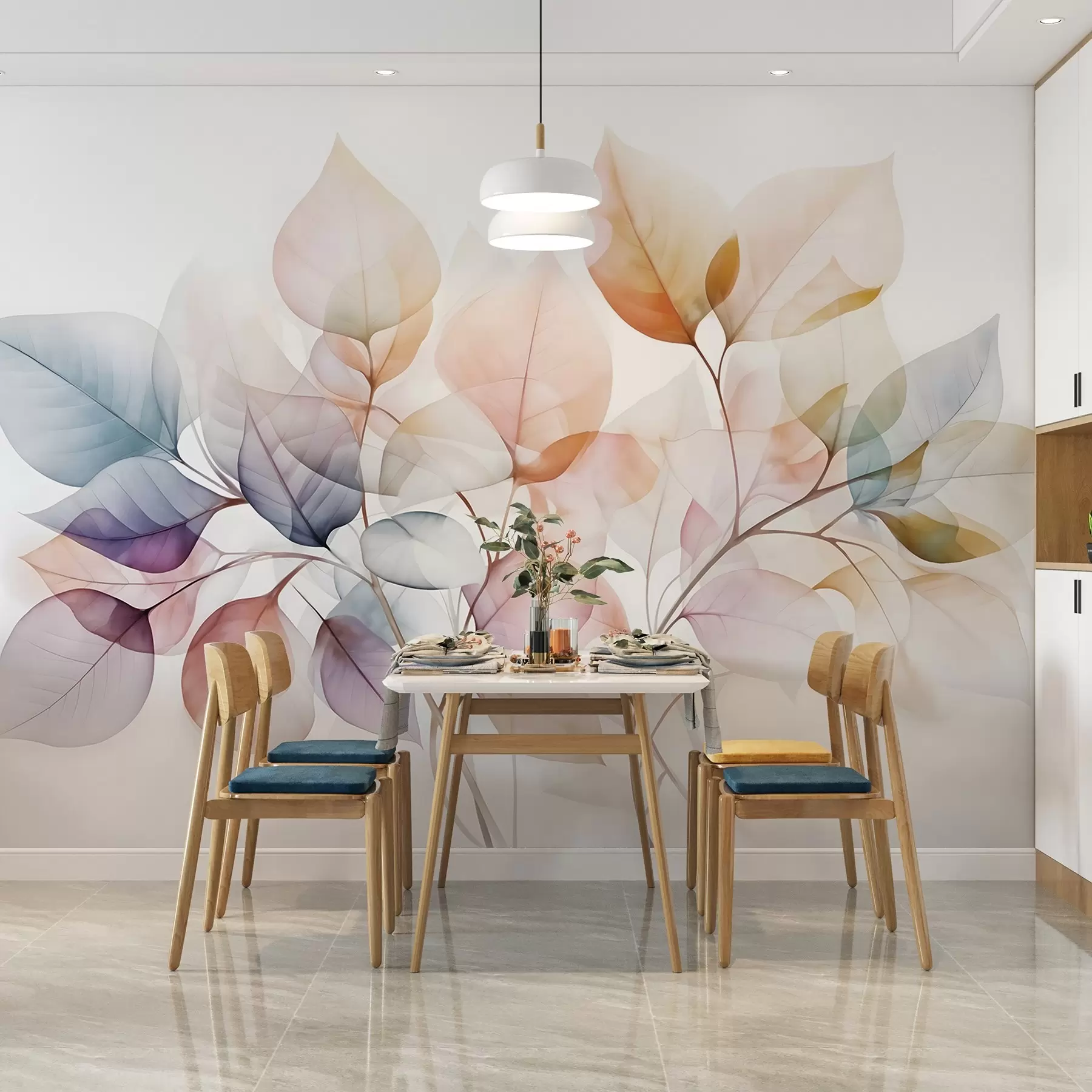 Fototapeedid Läbipaistvate lehtede akvarellmaal pastellvärvides, roosa, valge, lilla ja sinise varjunditega w08910