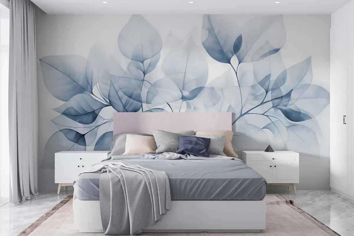 Fototapeedid Akvarellmaal läbikumavate lehtede pastellvärvides, valge ja sinise varjundiga w08910v1