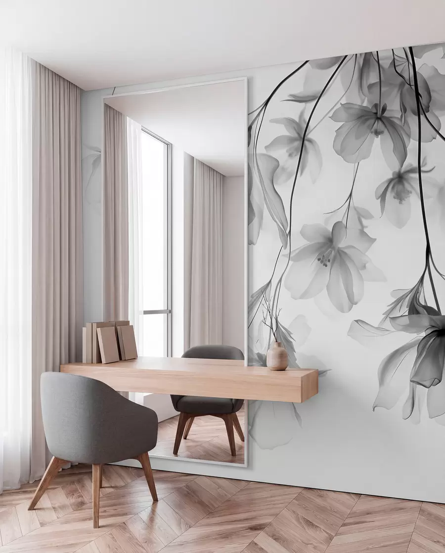 Fototapeedid Mustad läbikumavate kroonlehtedega lilled, mis ripuvad oksalt, must-valge, minimalistlik kaasaegse kunsti kompositsioon w08911