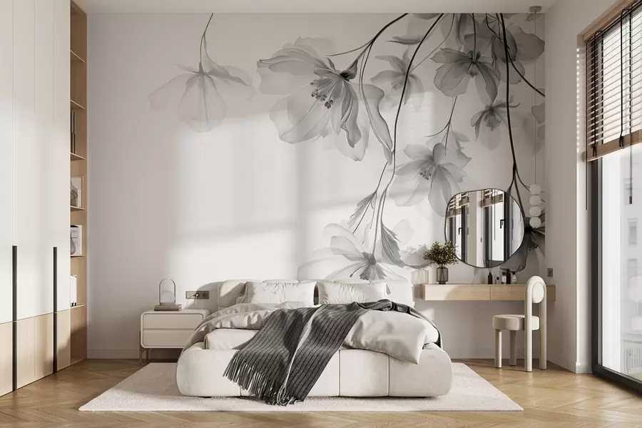 Fototapeedid Mustad läbikumavate kroonlehtedega lilled, mis ripuvad oksalt, must-valge, minimalistlik kaasaegse kunsti kompositsioon w08911