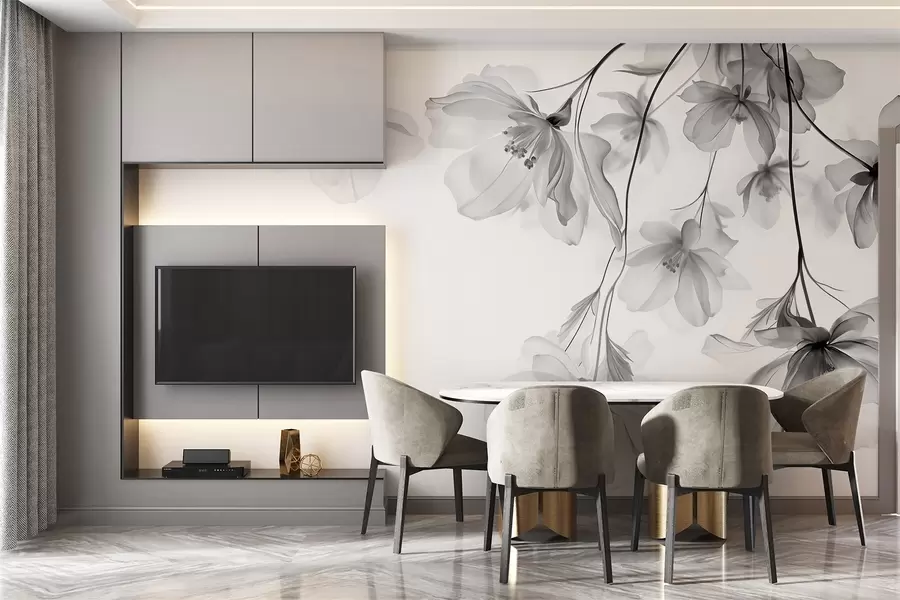 Fototapeedid Mustad läbikumavate kroonlehtedega lilled, mis ripuvad oksalt, must-valge, minimalistlik kaasaegse kunsti kompositsioon w08911