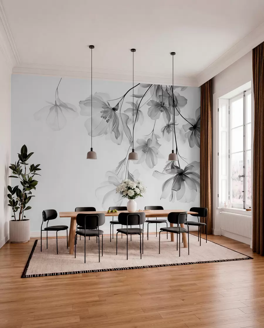 Fototapeedid Mustad läbikumavate kroonlehtedega lilled, mis ripuvad oksalt, must-valge, minimalistlik kaasaegse kunsti kompositsioon w08911