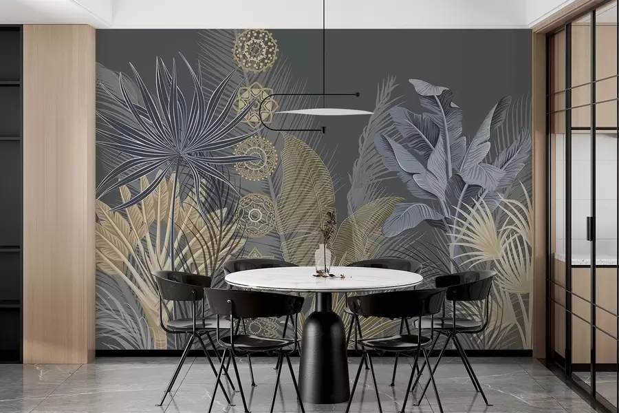 Fototapeedid Troopilised lehed sinistes ja pruunides toonides, palmilehed, banaanilehed ja mandala kaunistused, tumedal taustal w08913