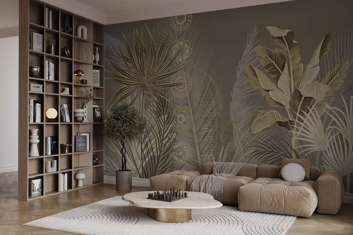 Fototapeedid Troopilised lehed beeži ja pruuni toonides, palmilehed, banaanilehed ja mandala kaunistused, tumedal taustal w08913v1