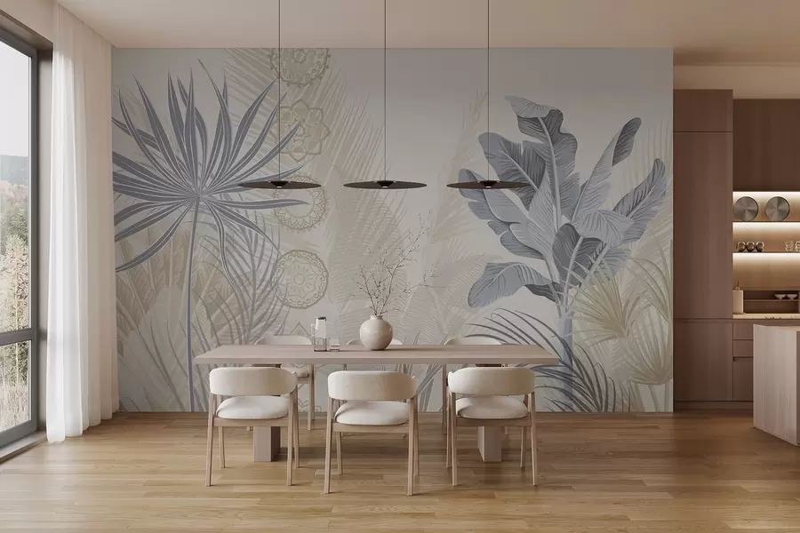 Fototapeedid Troopilised lehed sinistes ja beežides toonides, palmilehed, banaanilehed ja mandala kaunistused, heledal taustal w08913v2