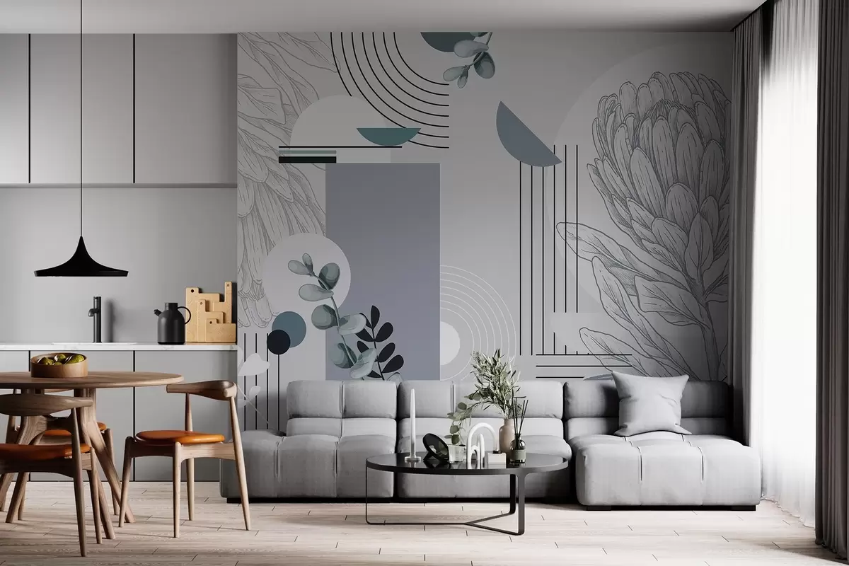 Fototapeedid Abstraktne botaaniline trükis protea lille, eukalüpti lehtedega, geomeetrilised kujundid minimalistlikus stiilis, pastelsed värvid w08914v1