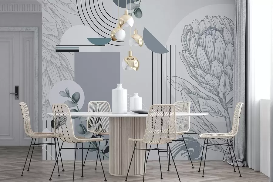 Fototapeedid Abstraktne botaaniline trükis protea lille, eukalüpti lehtedega, geomeetrilised kujundid minimalistlikus stiilis, pastelsed värvid w08914v1