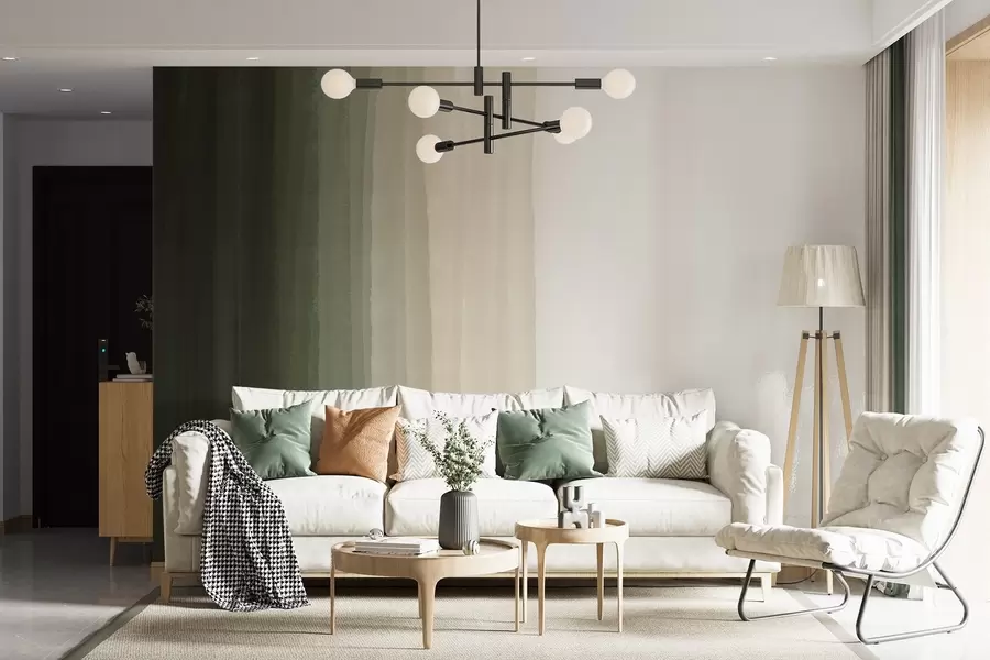 Fototapeedid Abstraktne minimalistlik gradientne trükk vertikaalsete tumeroheliste, beežide ja valgete triipudega  w08915