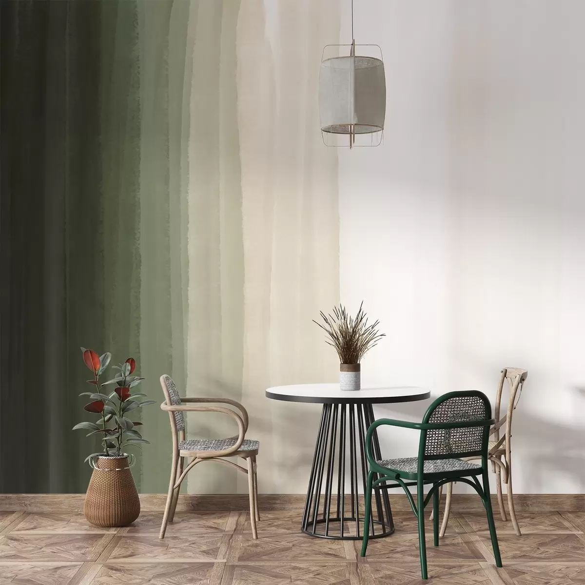 Fototapeedid Abstraktne minimalistlik gradientne trükk vertikaalsete tumeroheliste, beežide ja valgete triipudega  w08915