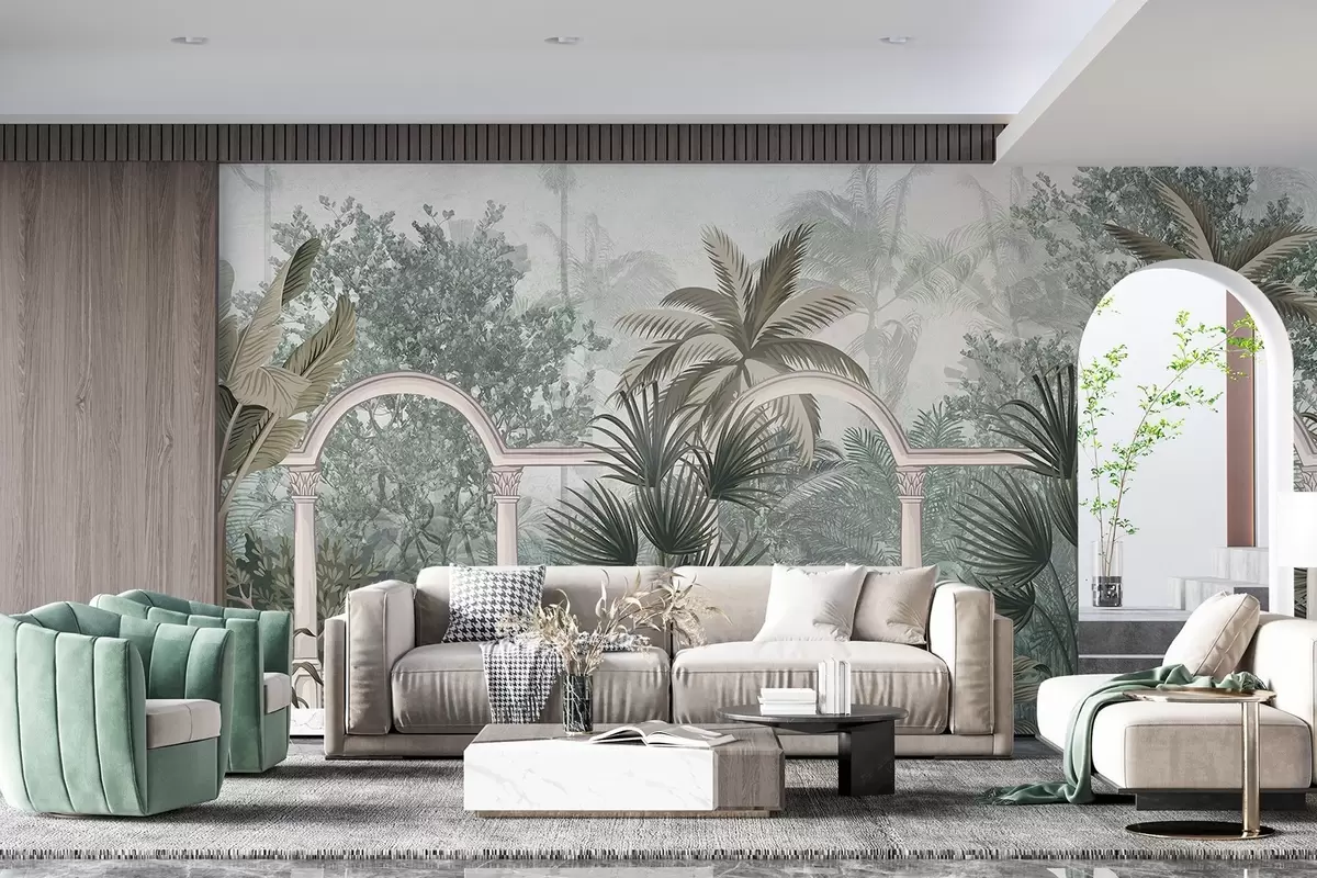 Fototapeedid Troopilise tekstuuriga aed palmipuude ja lopsaka taimestikuga, kaarega balustraad, vaoshoitud värvid, vintage stiilis w08916