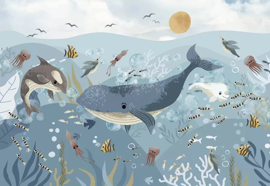 Fototapeedid Laste illustratsioon armas trükis sinise vaalaga, mida ümbritsevad kalad, kalmaarid, meduusid sinises ookeanis koos mullidega w08921