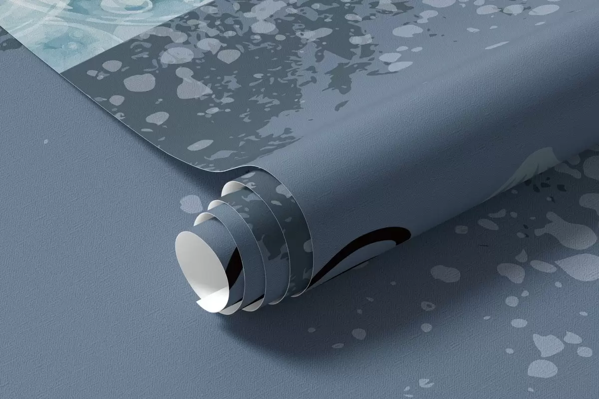 Fototapeedid Laste illustratsioon armas trükis sinise vaalaga, mida ümbritsevad kalad, kalmaarid, meduusid sinises ookeanis koos mullidega w08921