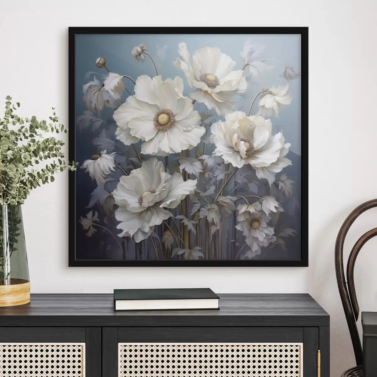 Plakat Valge kimp pojengid sinisel taustal maalimisstiilis f43370