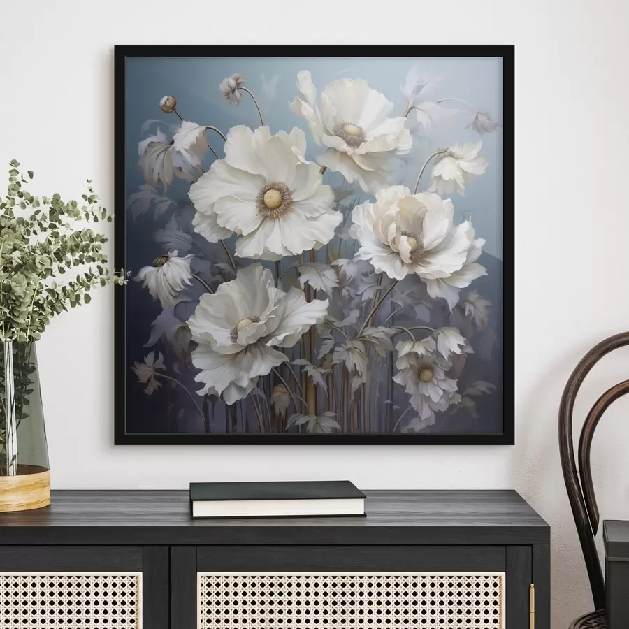 Fototapeedid Valge kimp pojengid sinisel taustal maalimisstiilis f43370