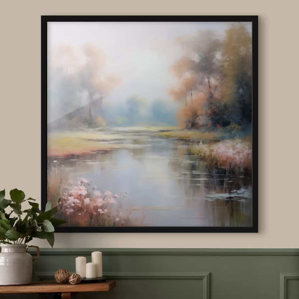 Plakat Metsa loodus koos jõe, lillede ja puudega f43386