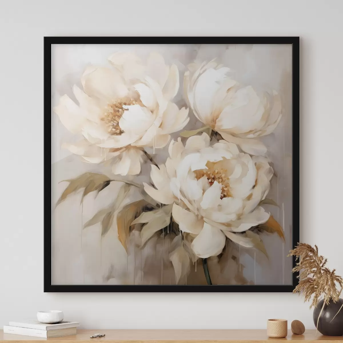 Plakat Õrnad pojengid neutraalsetes toonides abstraktses maalimisstiilis f43387