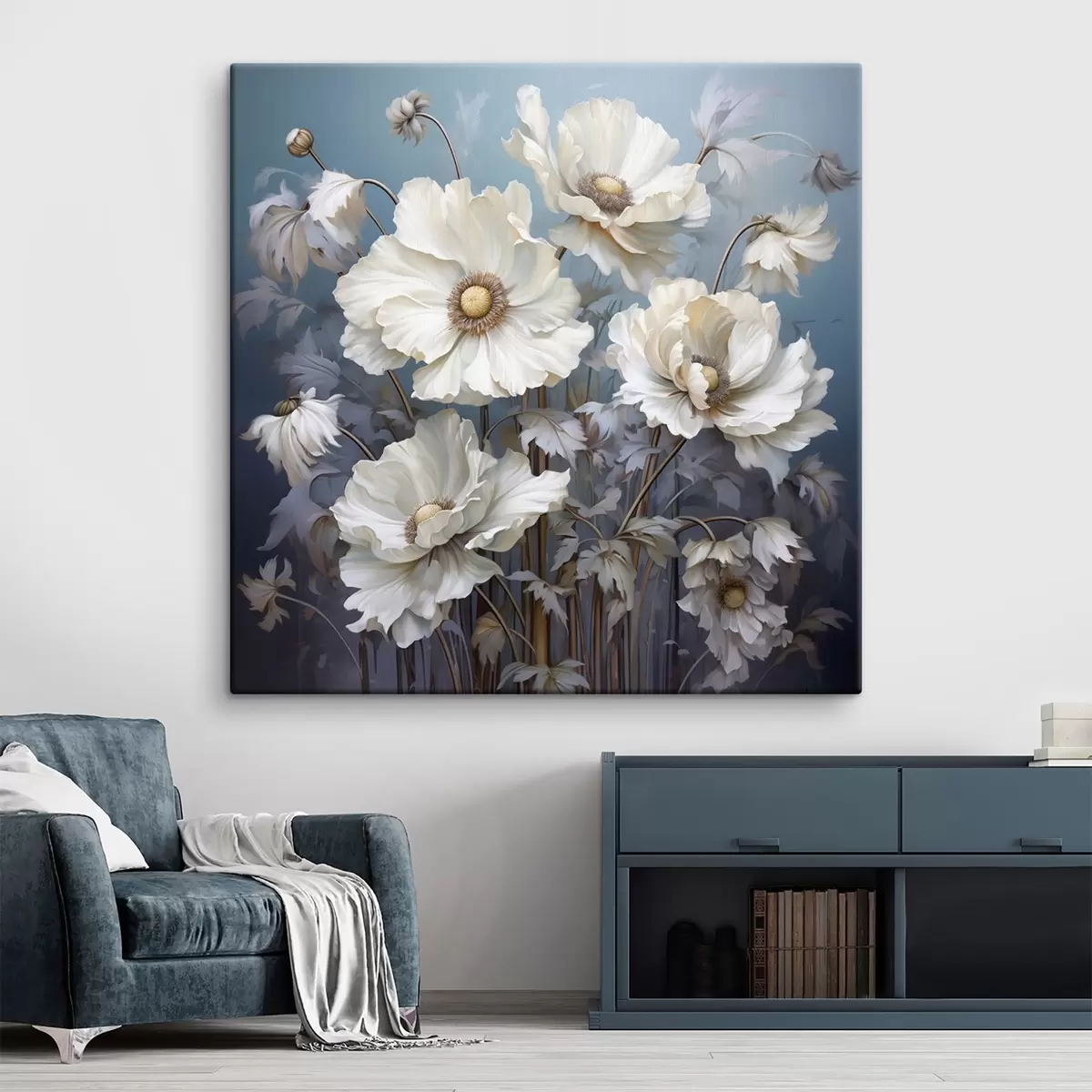 Pilt Valge kimp pojengid sinisel taustal maalimisstiilis s43370