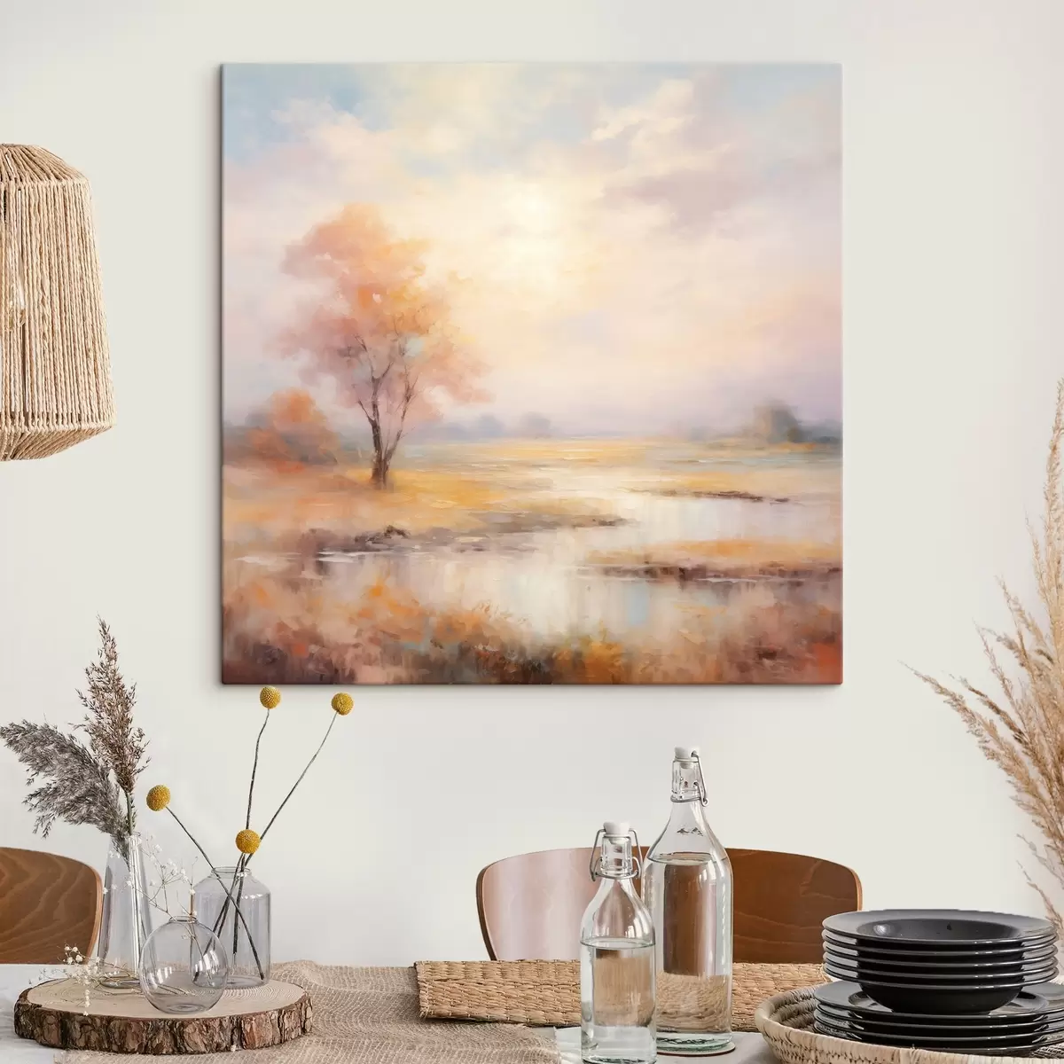 Pilt Maastik soojades toonides koos jõe ja puuga s43375