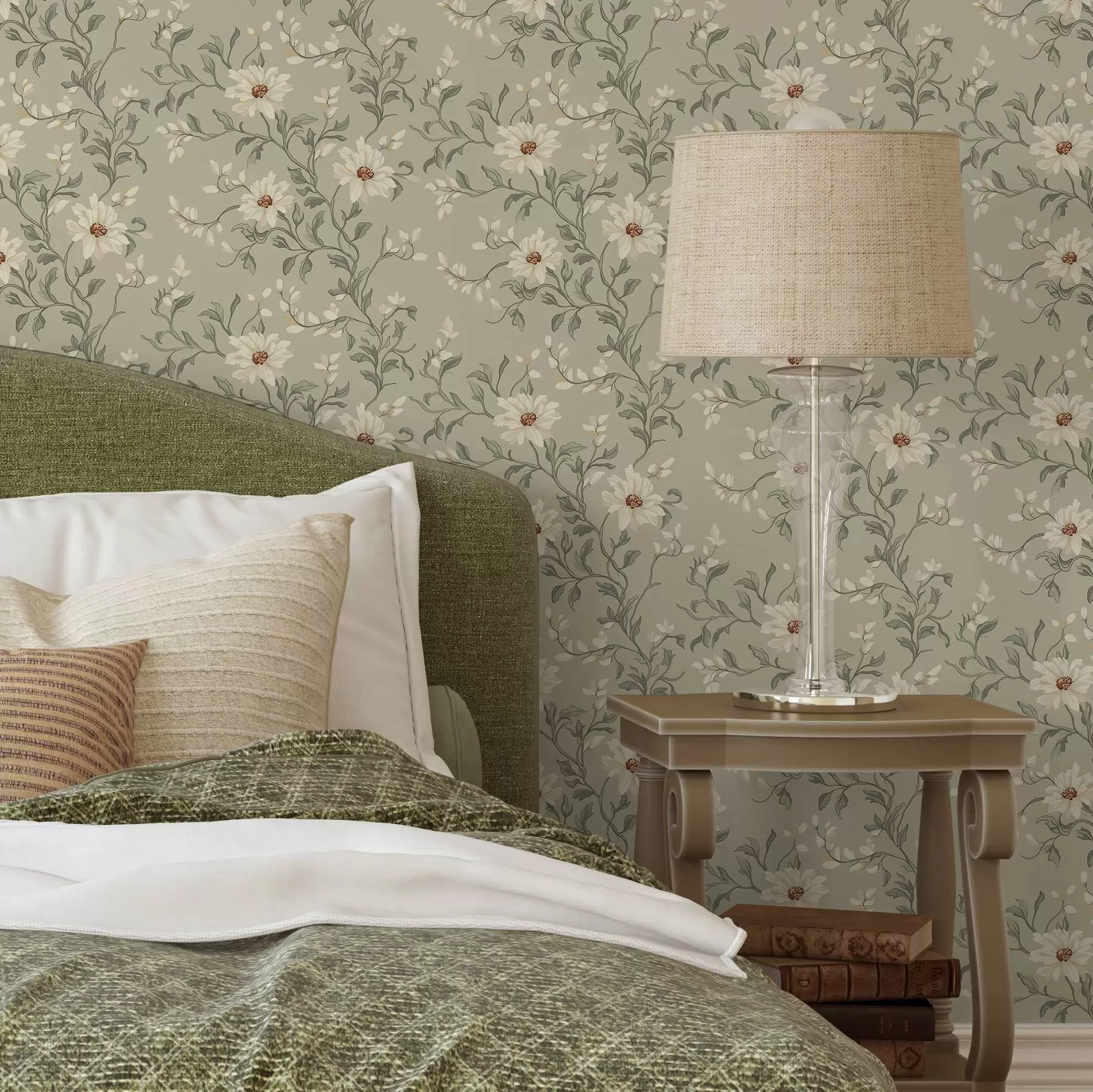 Fototapeedid Valged lilled koos väänlevate lehtedega heledal taustal a00001v1