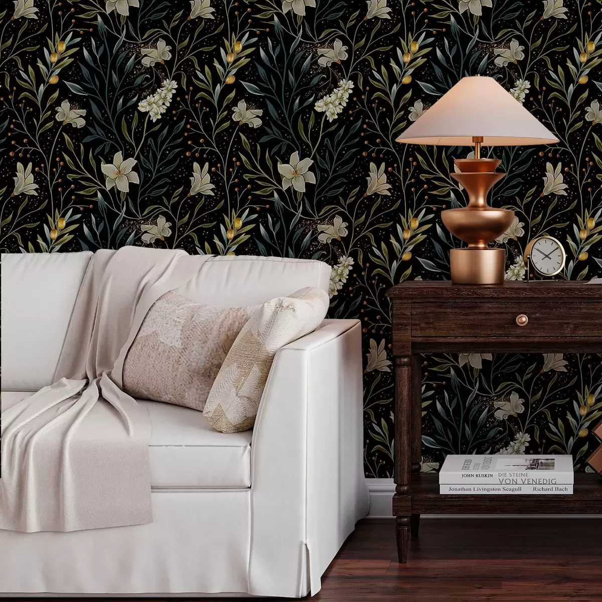 Tapeet Heledate lillede ja tumedate lehtede kompositsioon tumedal taustal a00053