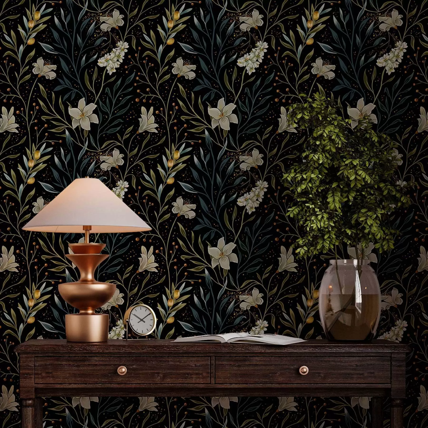 Fototapeedid Heledate lillede ja tumedate lehtede kompositsioon tumedal taustal a00053