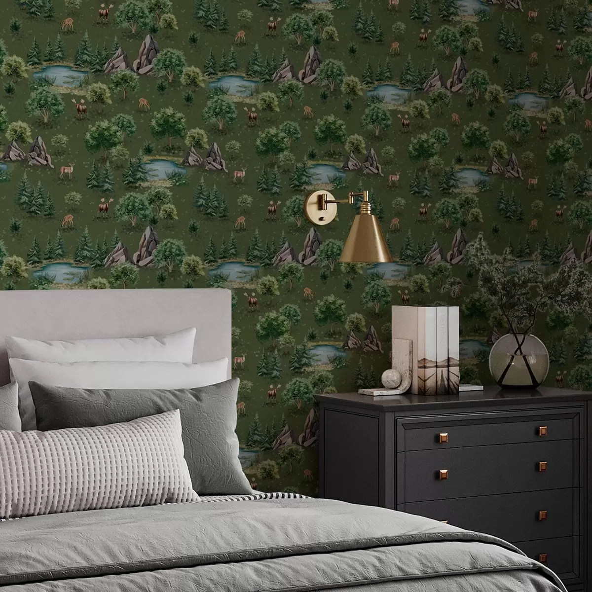 Tapeet Hirv järve ääres puude ja kividega a00086