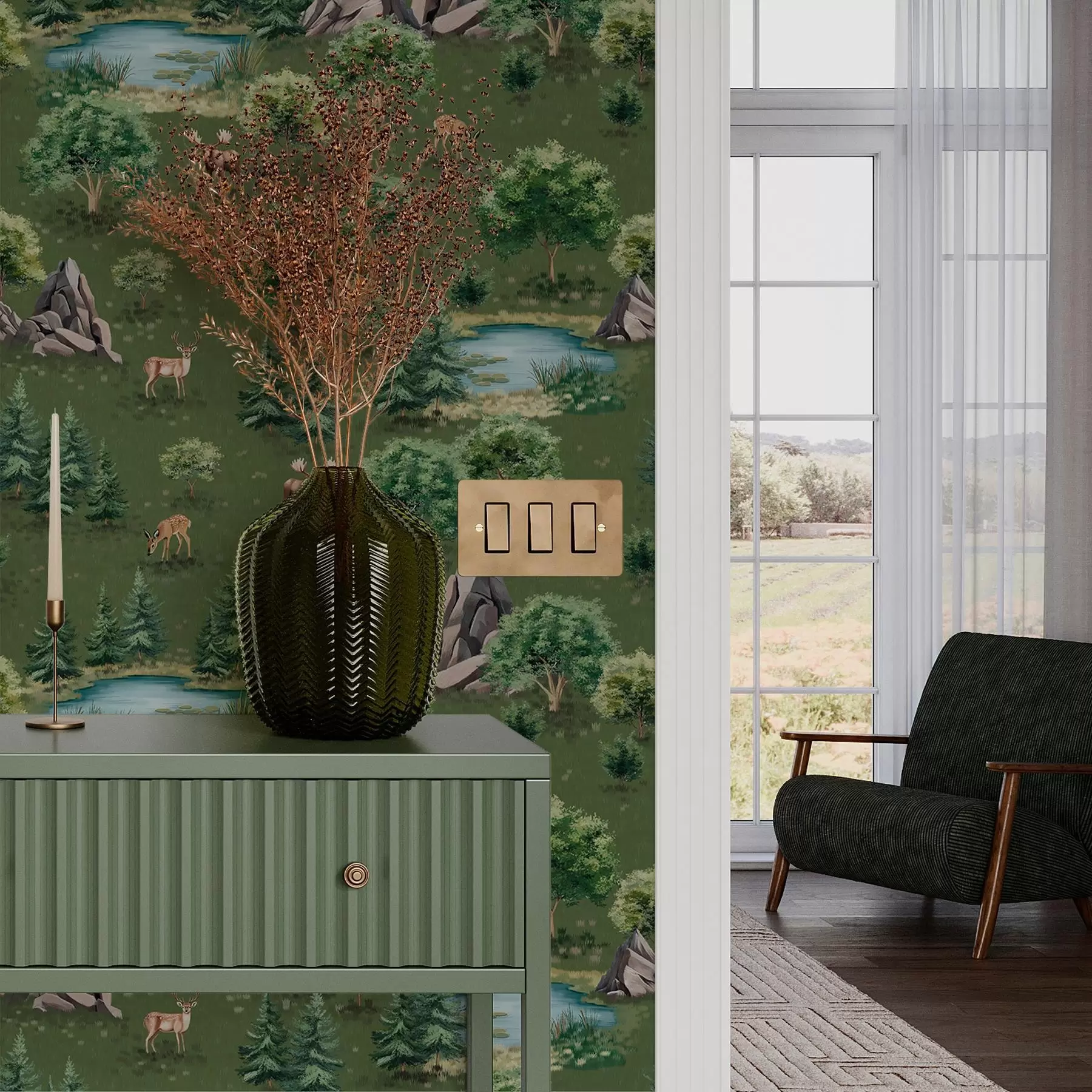 Fototapeedid Hirv järve ääres puude ja kividega a00086