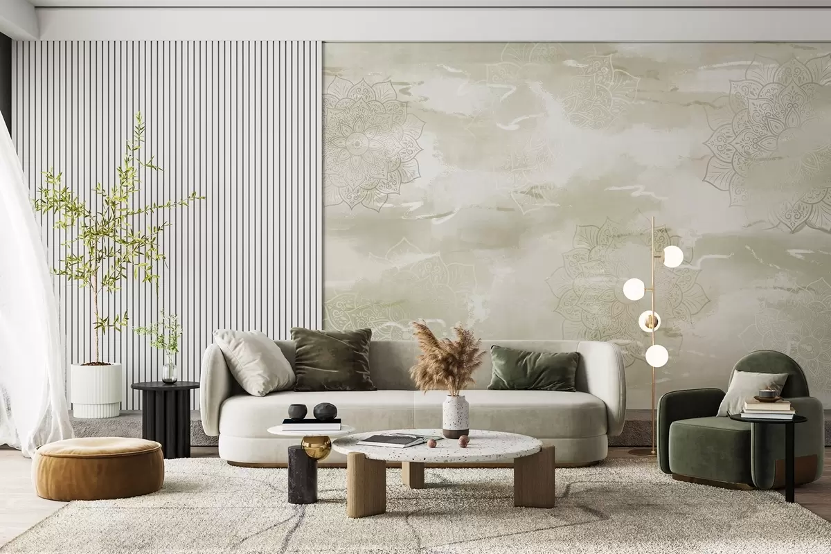 Fototapeedid Mandalad pastelsel taustal, erksad pintslitõmbed, rohelised värvid w03409v2