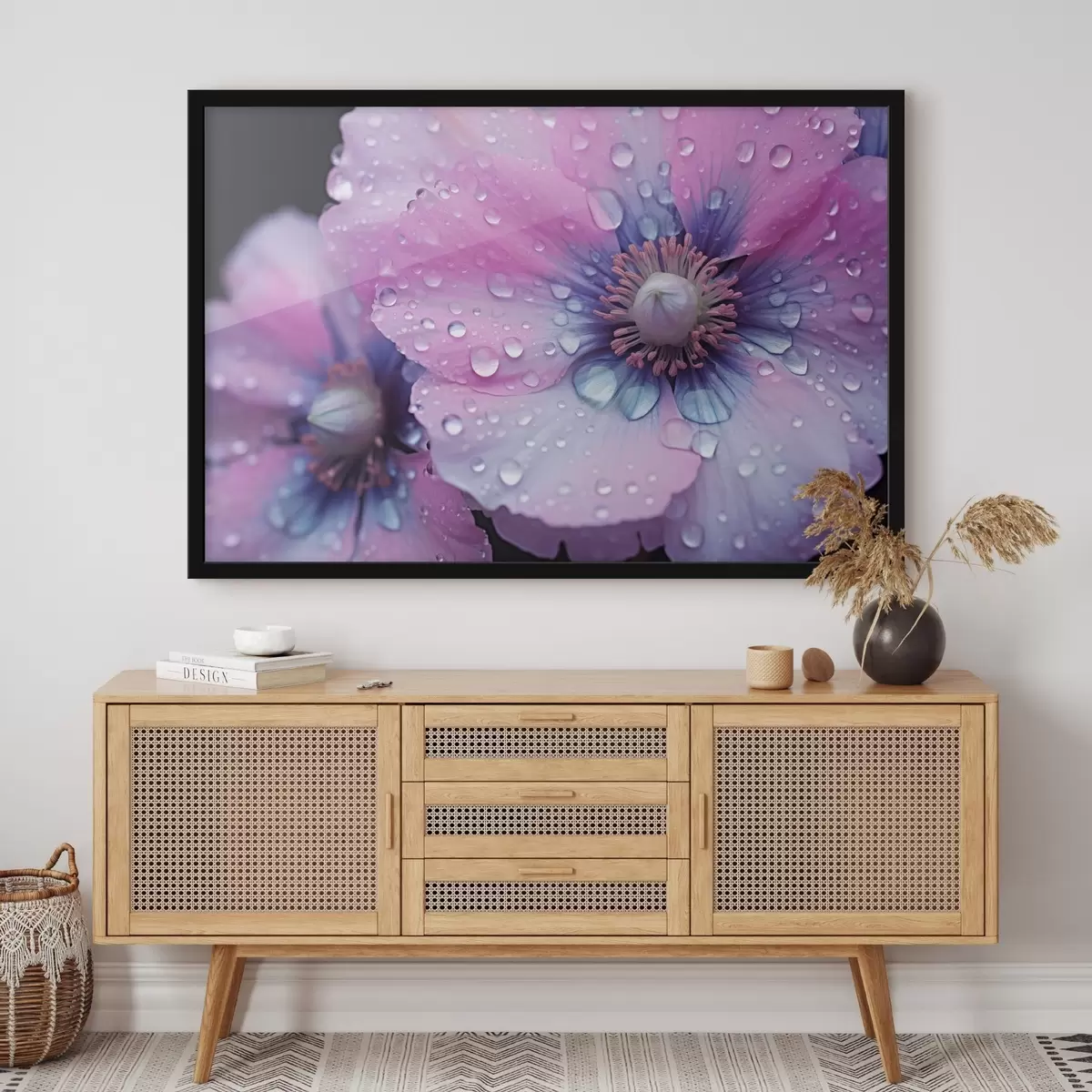 Plakat Roosad ja lillad õied täies õitsengus, kaetud veetilkadega, tumedal taustal f43394