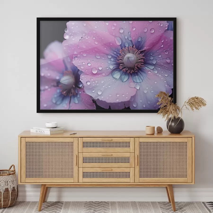 Fototapeedid Roosad ja lillad õied täies õitsengus, kaetud veetilkadega, tumedal taustal f43394