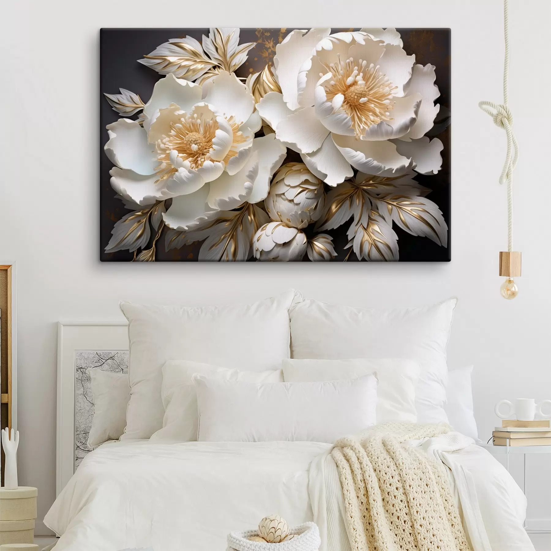 Fototapeedid Valged ja kollased pioonid lehtedega, keerulised detailid, dekoratiivne kunst, tumedal taustal s43399