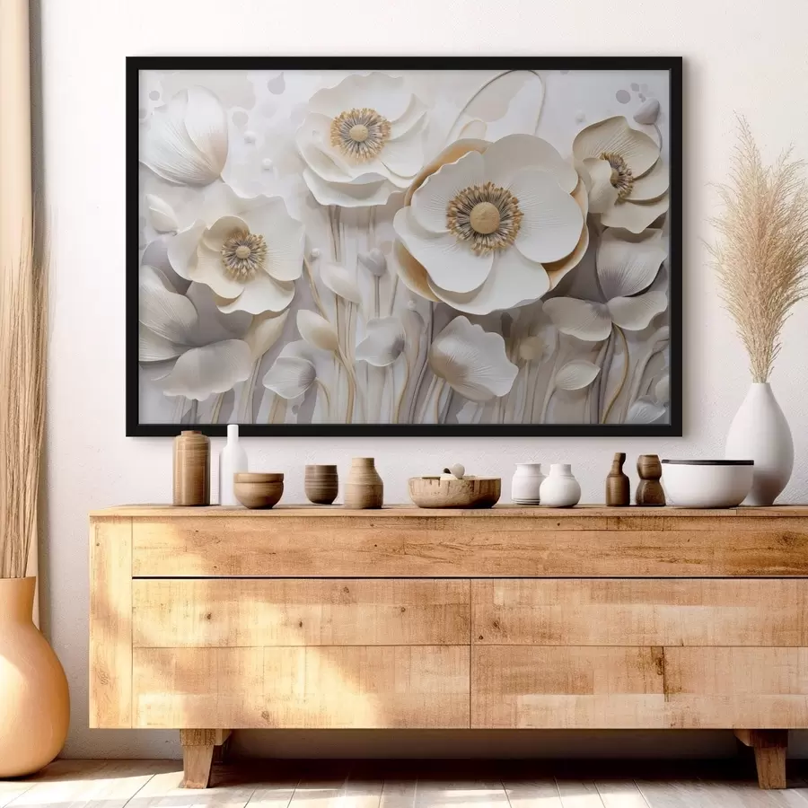 Fototapeedid Valged anemoonililled kollase keskusega, minimalistliku taustaga, mis loob õrna lillekujunduse f43400