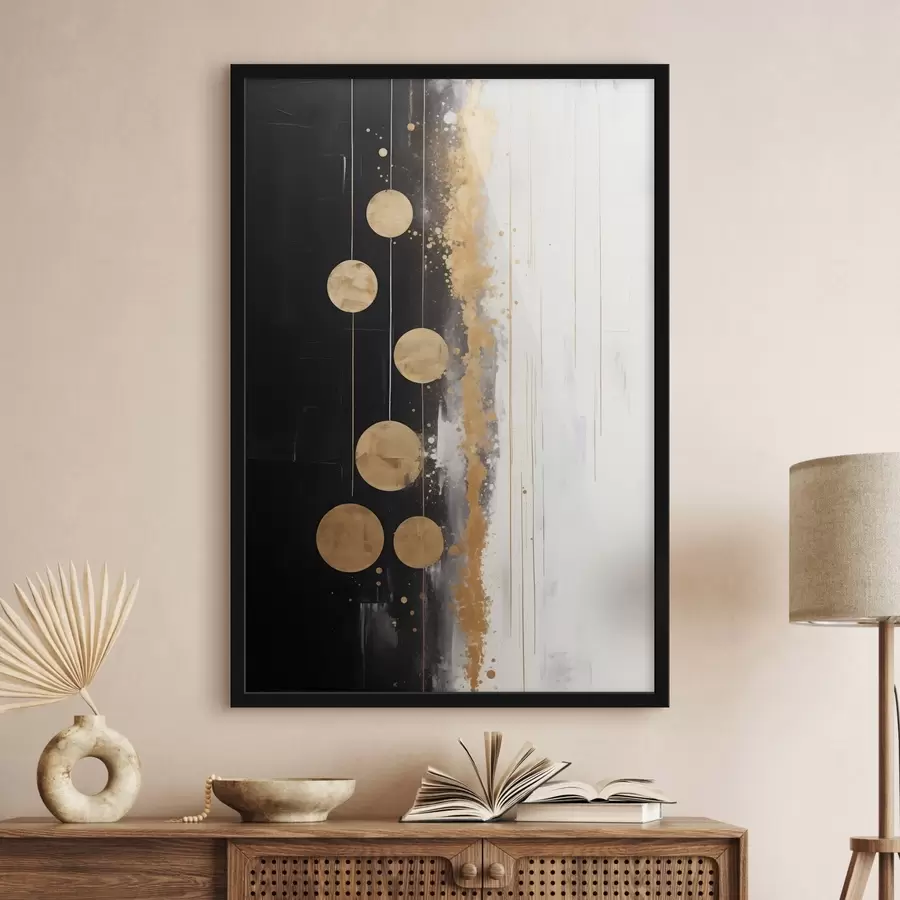 Fototapeedid Abstraktne kunst, kus kollased ringid ripuvad mustal ja valgel taustal koos valgete ja kollaste laikudega f43410