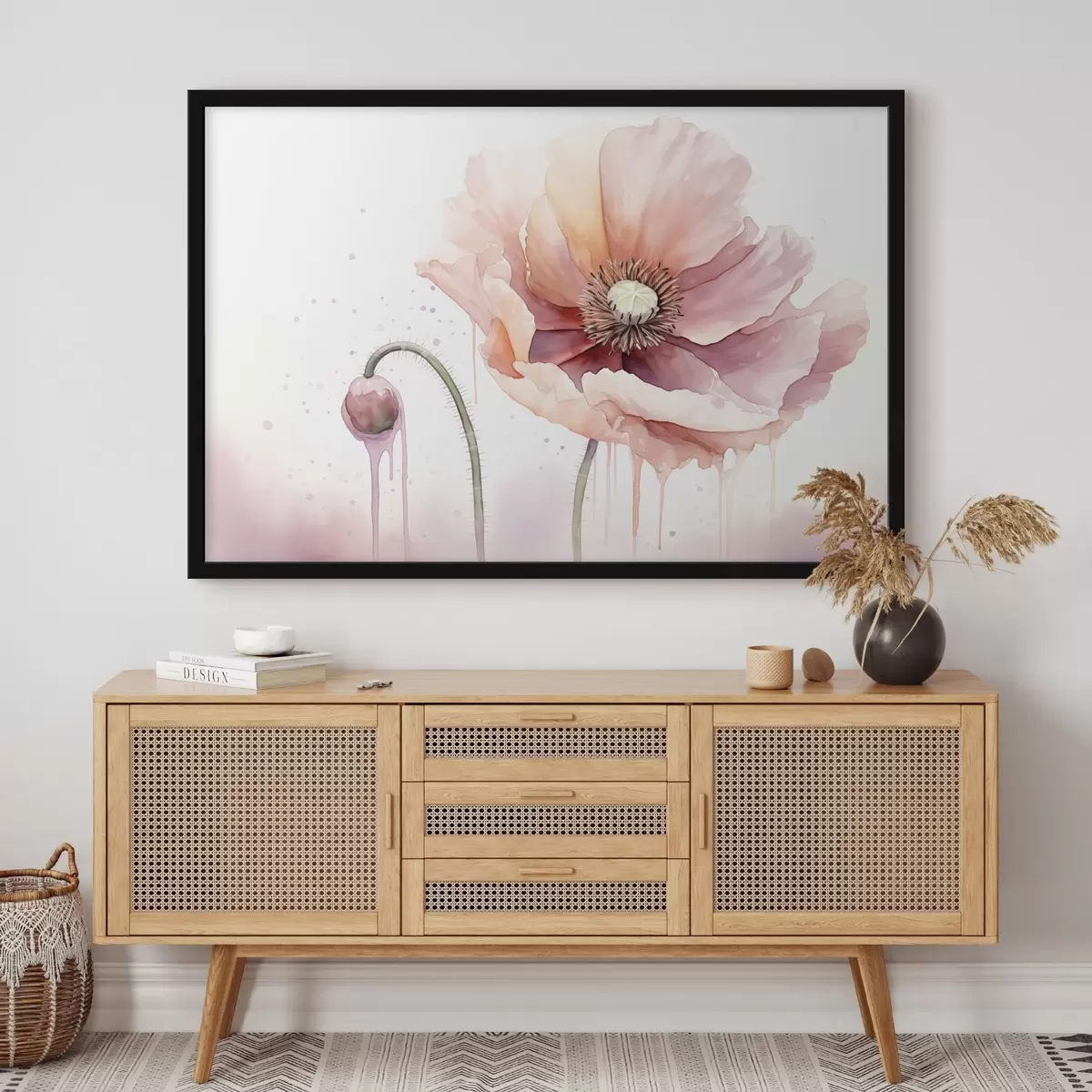 Plakat Roosa moonilill koos pungiga valgel taustal, akvarellimaali imitatsioon koos tilkudega, pehmed värvid f43402