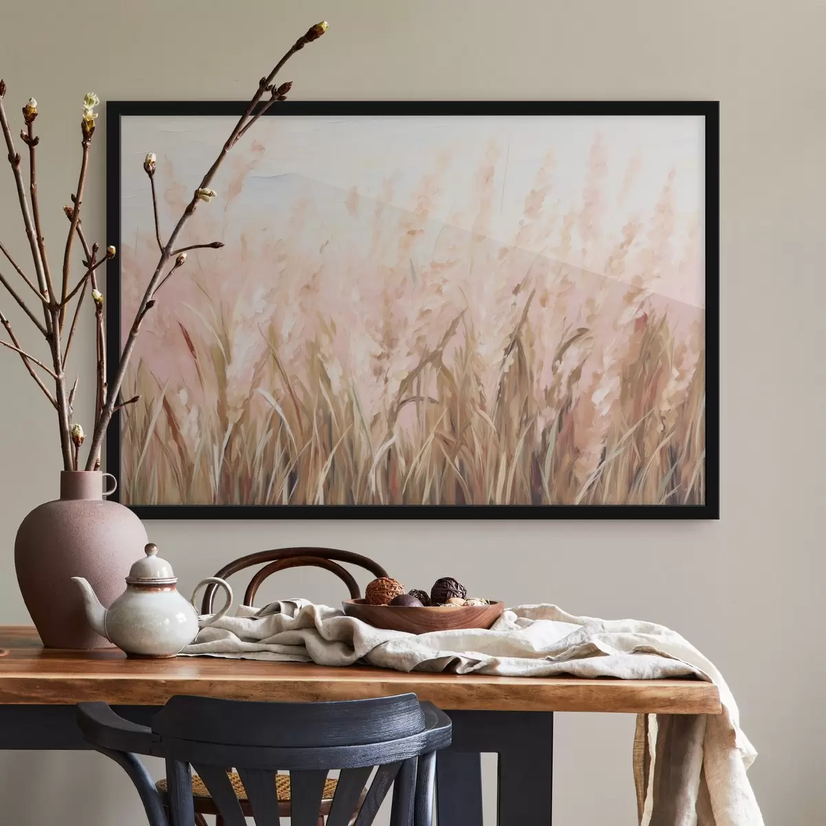 Plakat Pampas roosa ja pruunide toonidega rohuvälja, pehmed pintslitõmbed, abstraktne õlimaali kunstimitatsioon f43403