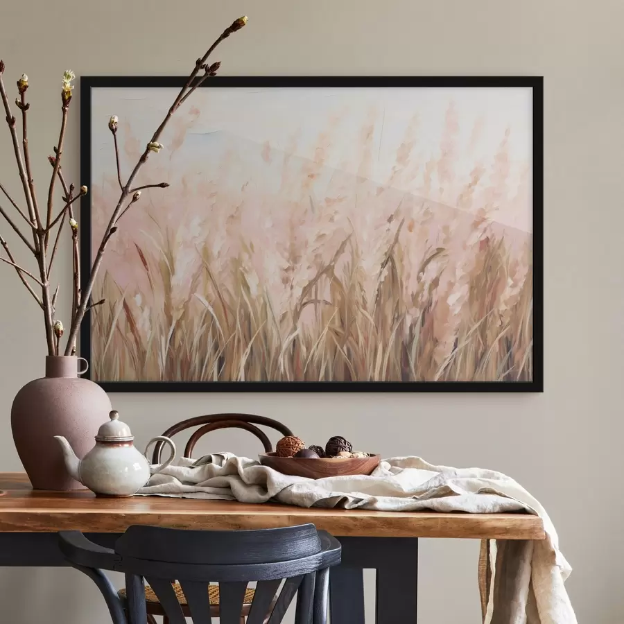 Fototapeedid Pampas roosa ja pruunide toonidega rohuvälja, pehmed pintslitõmbed, abstraktne õlimaali kunstimitatsioon f43403