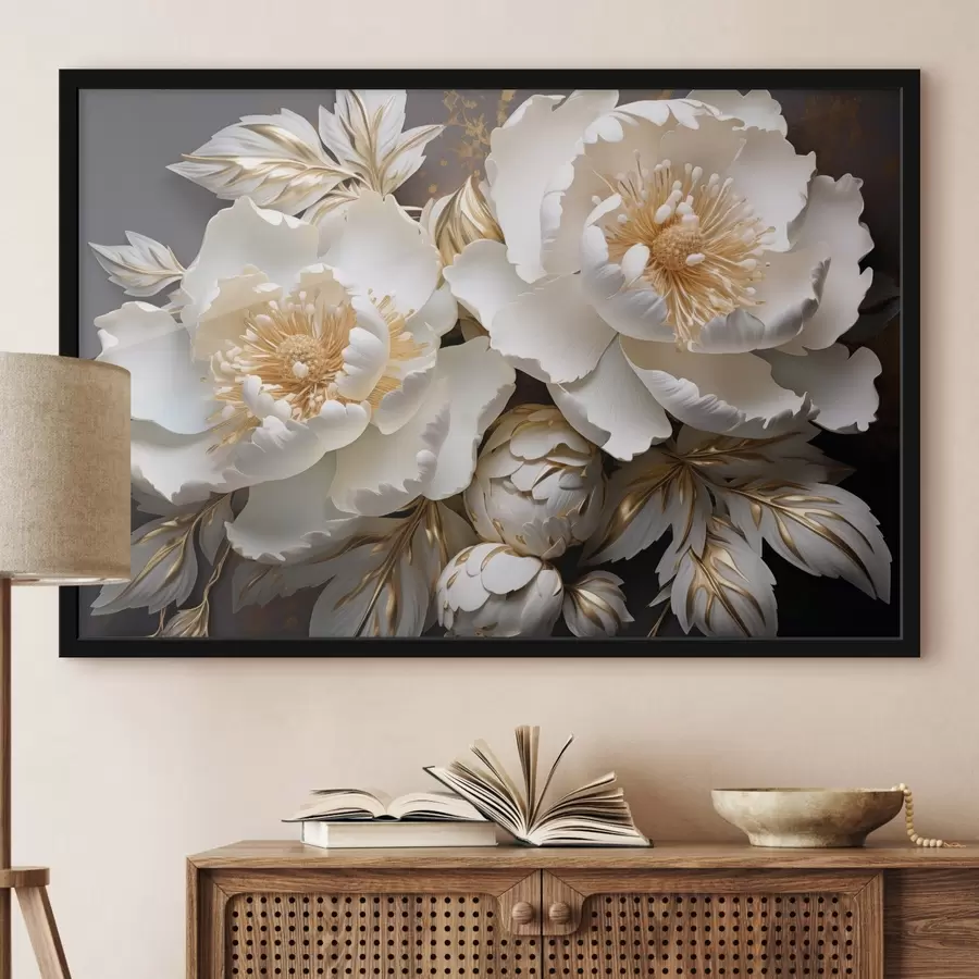 Pilt Valged ja kollased pioonid lehtedega, keerulised detailid, dekoratiivne kunst, tumedal taustal f43399