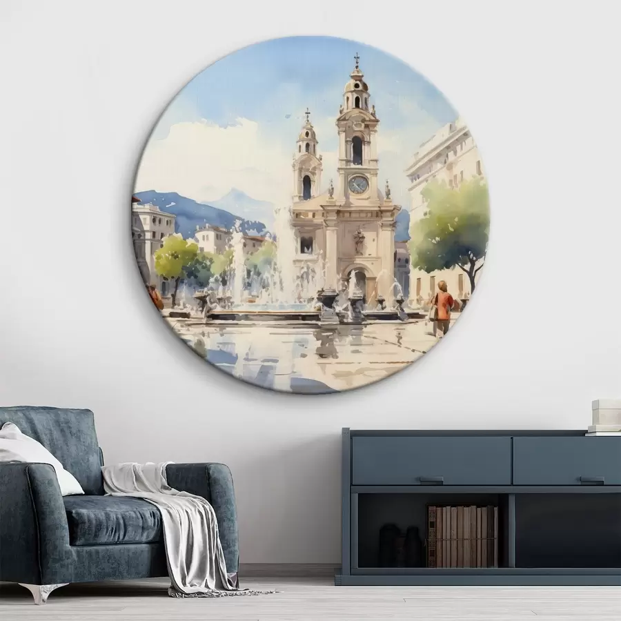 Pilt Abstraktne linnapilt torni ja purskkaevuga linnaväljakul, mäed eemal, akvarellstiilis r43397