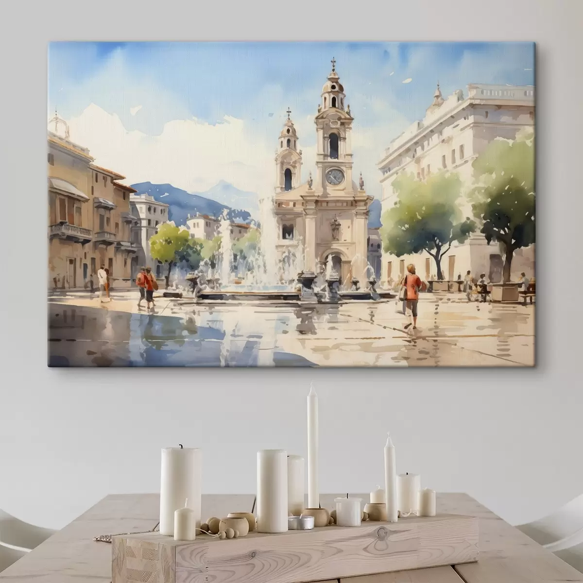 Pilt Abstraktne linnapilt torni ja purskkaevuga linnaväljakul, mäed eemal, akvarellstiilis s43397