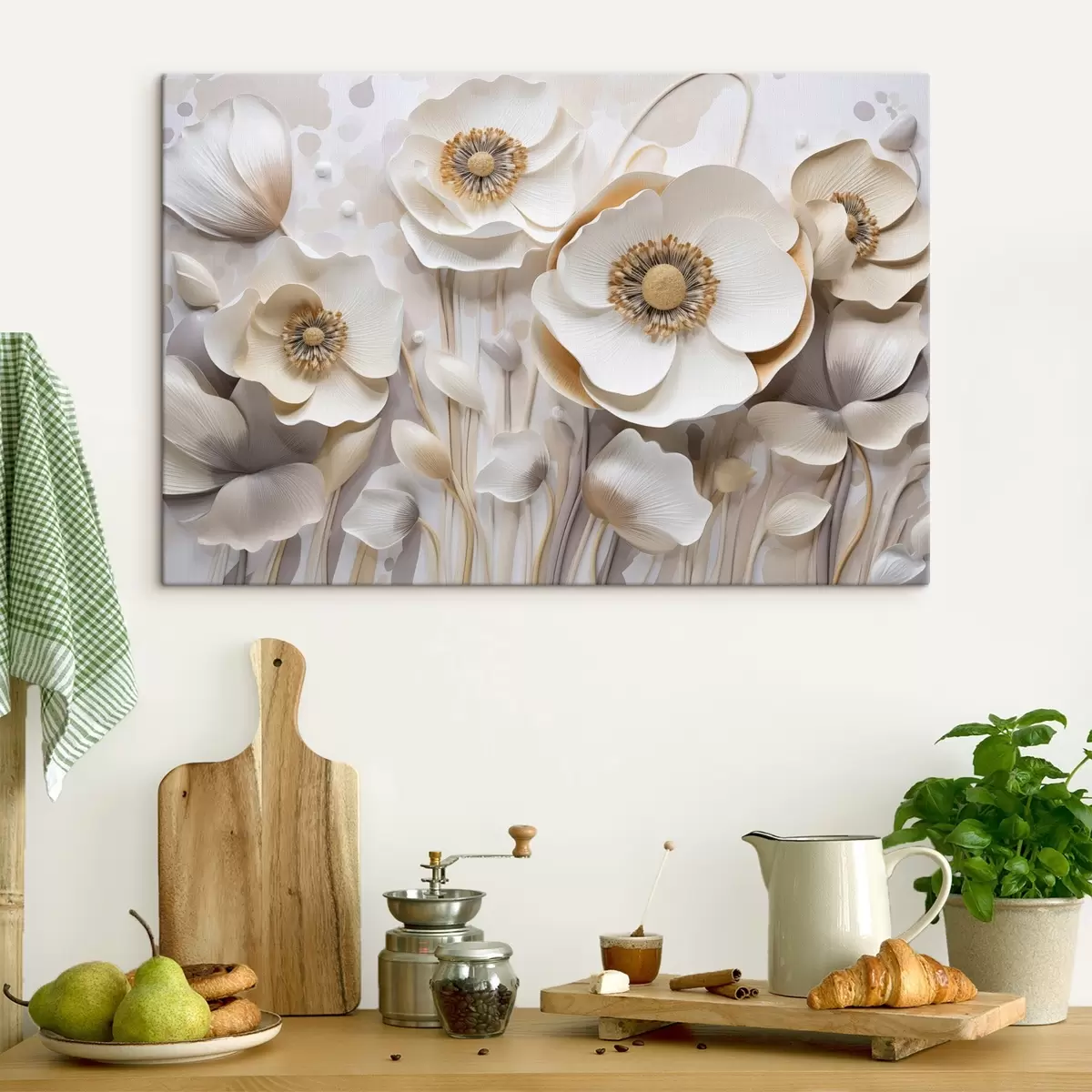 Pilt Valged anemoonililled kollase keskusega, minimalistliku taustaga, mis loob õrna lillekujunduse s43400