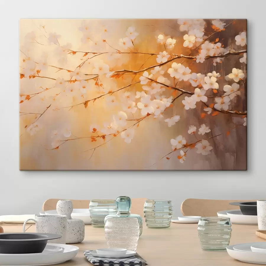 Pilt Kirsiõie oksad oranžide õitega, soe värvipalett, kollaste toonidega hägustatud taustal s43407